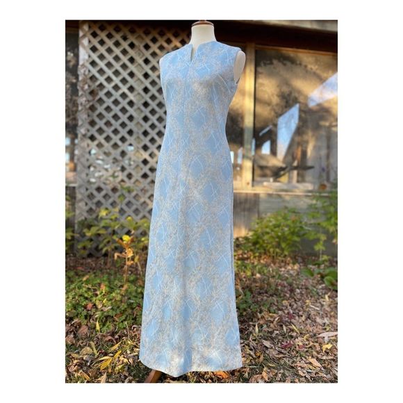 Vintage 50s Metallic Ice Blue Formal Gown Dress Maxi Silver Threads Cheongsam - Picture 12 of 14